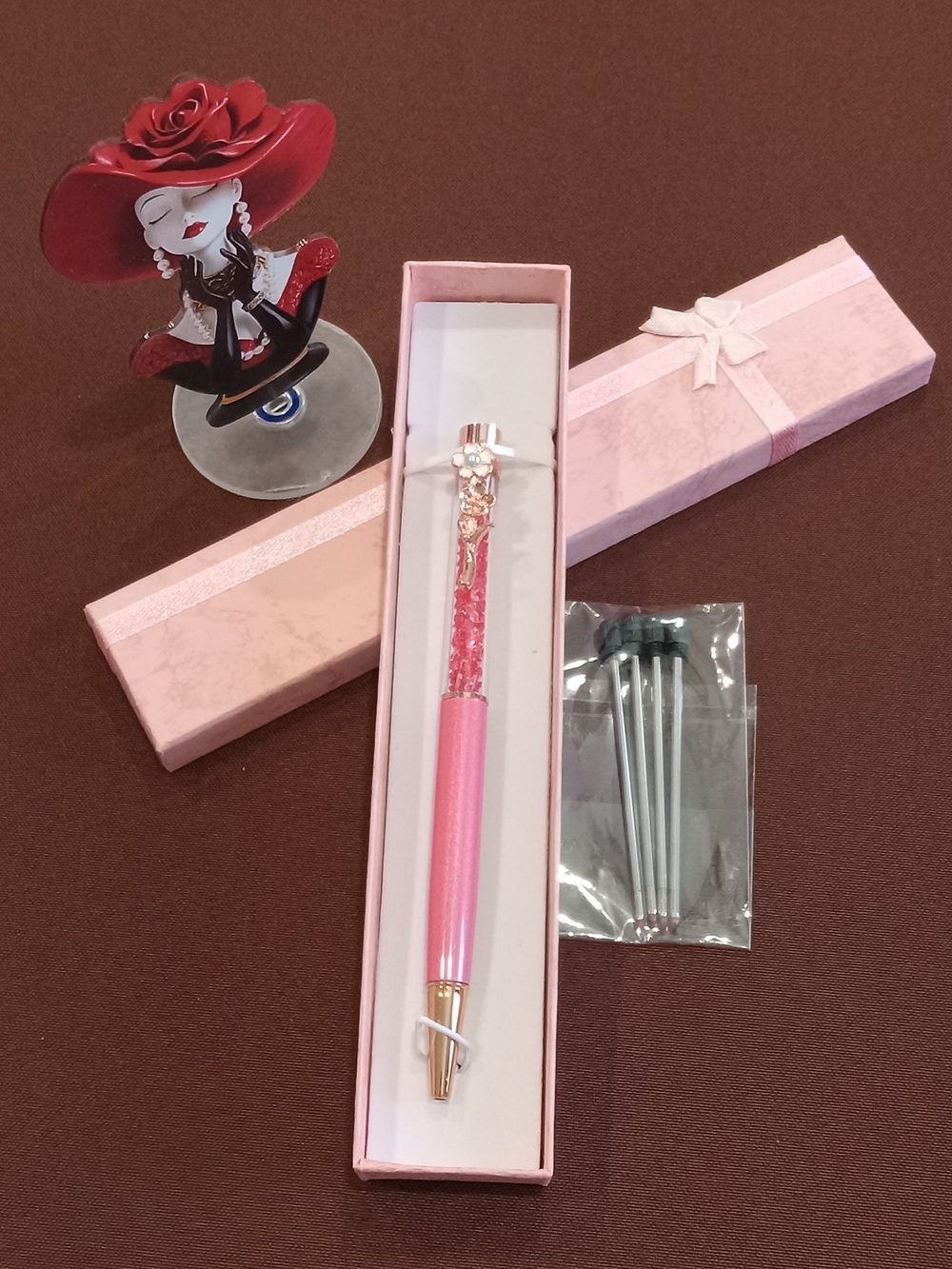 So Cute, Elegant Pink Crystal Rollerball Pen Set W-4 Refills Women Accessories